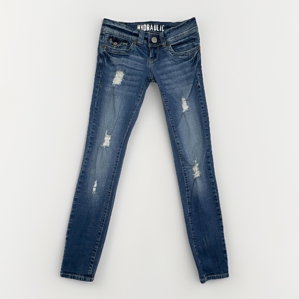 Hydraulic Jeans Distressed Ultra Super Skinny Low Rise Juniors 1/2 Blue - Picture 2 of 16